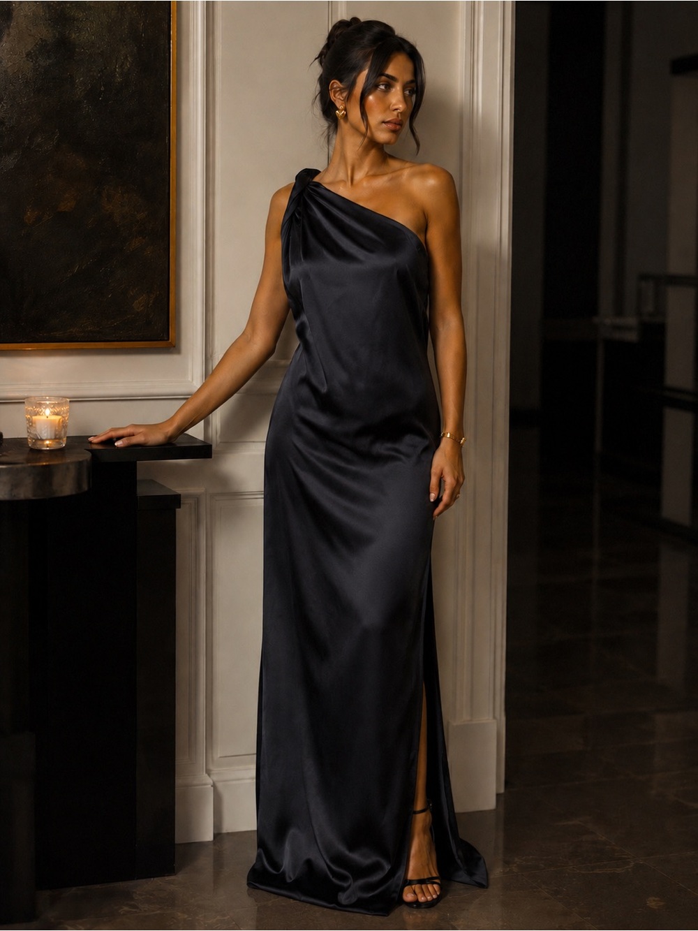 Free People Black Satin One Shoulder Maxi Dress Size 12 Formal Gown